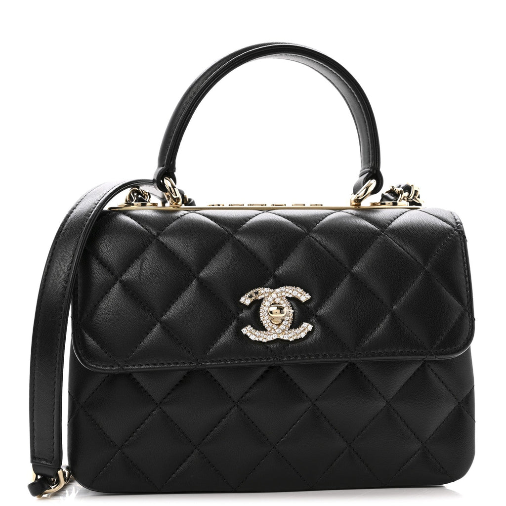 Lambskin Crystal Quilted Mini Trendy CC Dual Handle Flap Bag Black