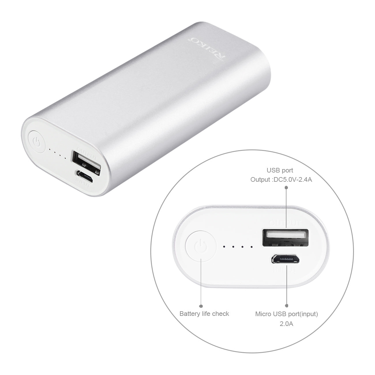 Reiko 2A5V 4800Mah Universal Power Bank With Micro Cable In Silver