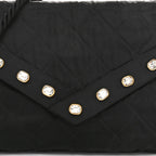 Fabric Quilted Crystal Envelope Small Flap Black