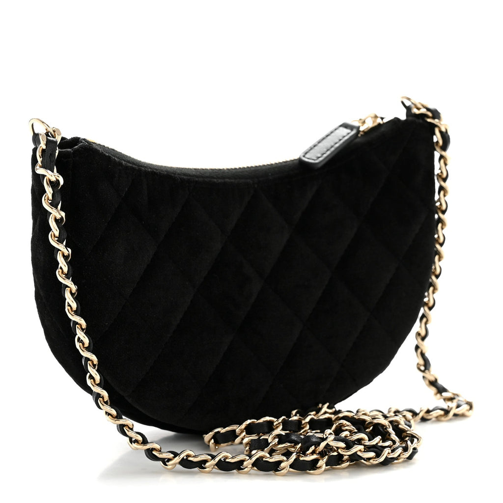 Velvet Crystal Quilted Chain Hobo Black