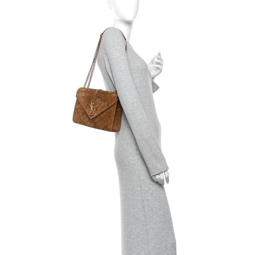 Suede Mixed Matelasse Triquilt Medium Monogram Envelope Satchel Bark Brown