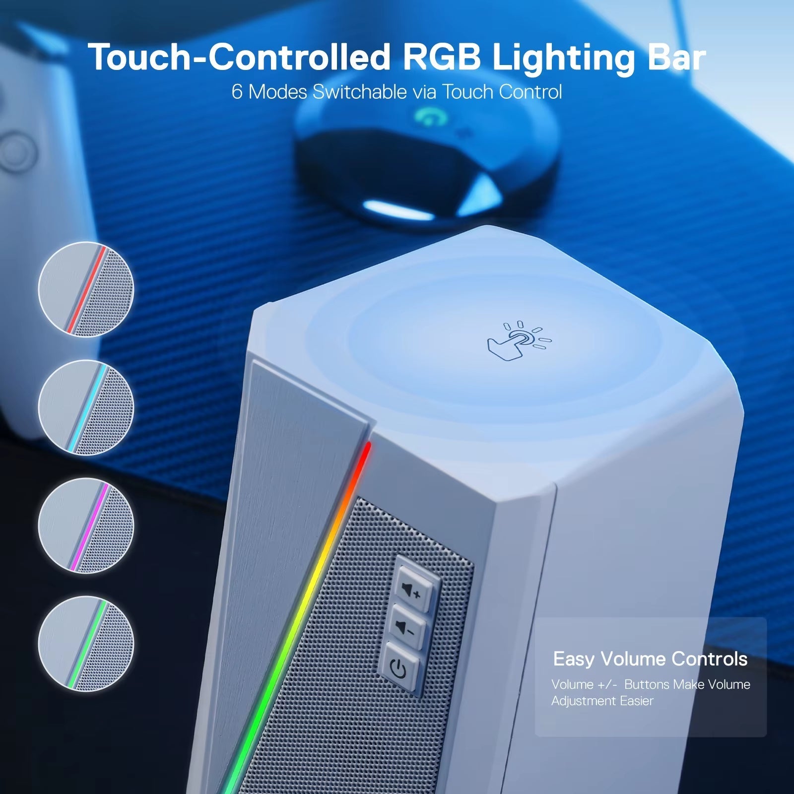 RGB Desktop Speakers - 2.0 Channel PC Stereo System with 6 LED Color Modes and Enhanced Sound, White/Pink