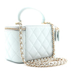 Lambskin Quilted Small Top Handle Vanity Case With Chain Light Blue