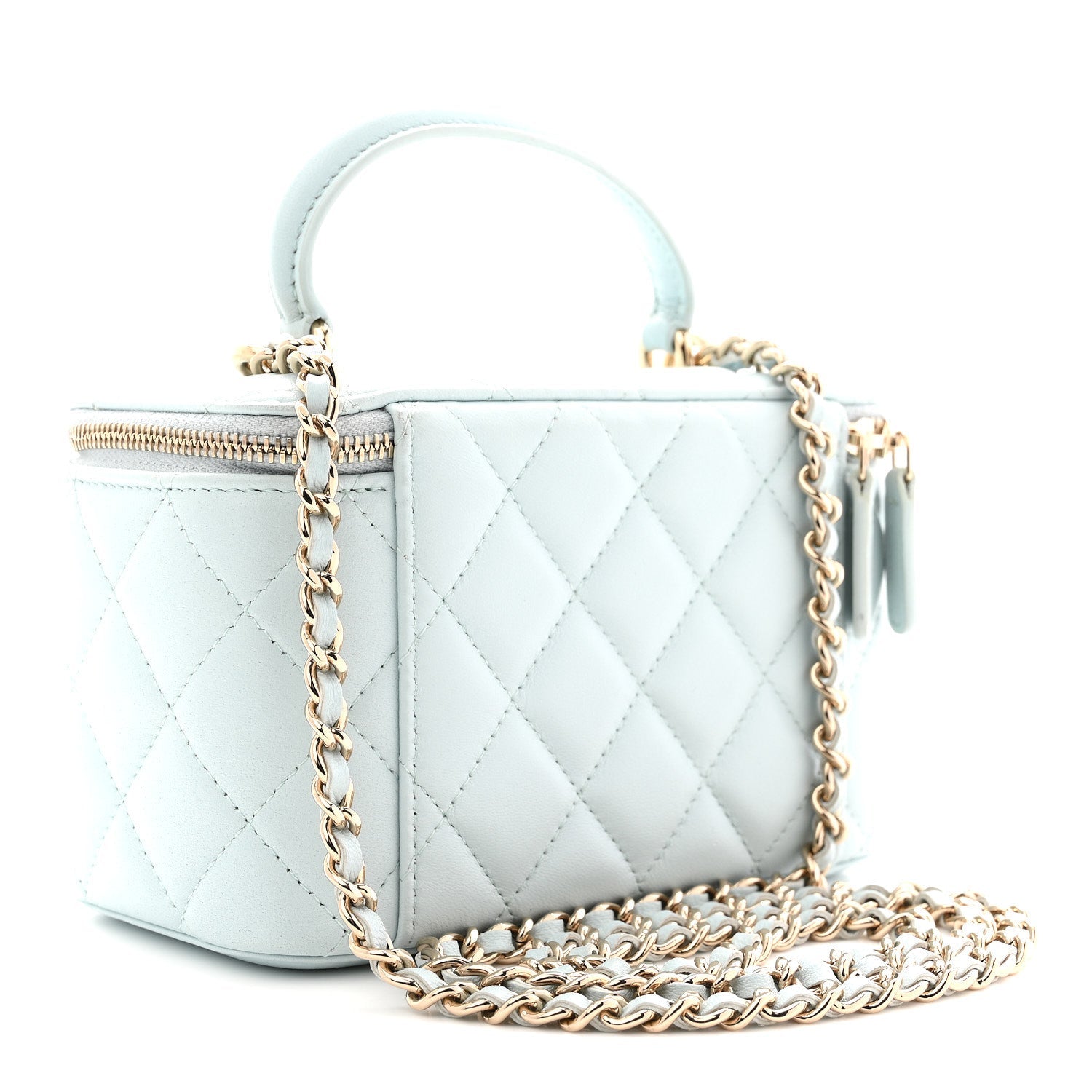 Lambskin Quilted Small Top Handle Vanity Case With Chain Light Blue