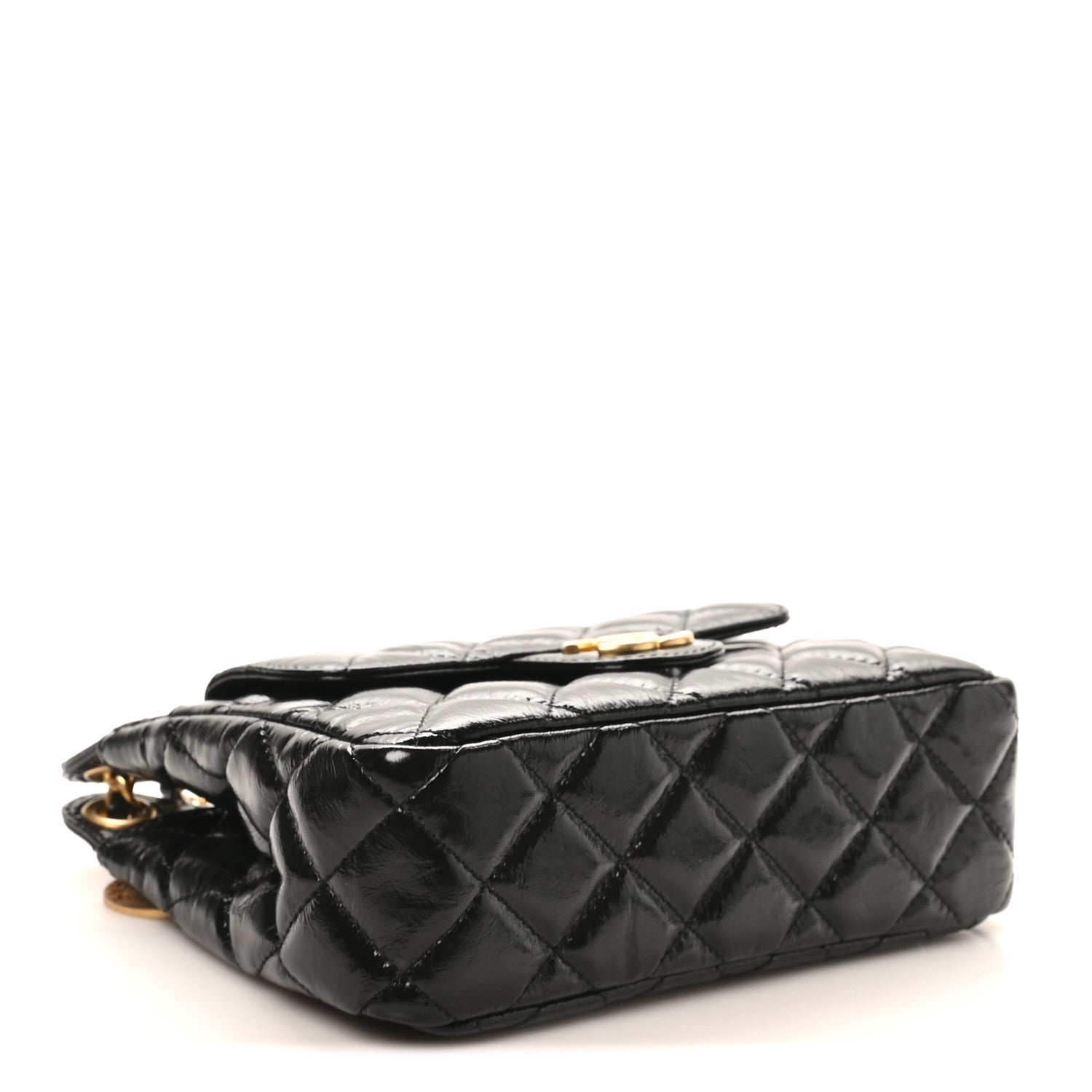 Shiny Crumpled Calfskin Quilted Small Wavy CC Hobo Black
