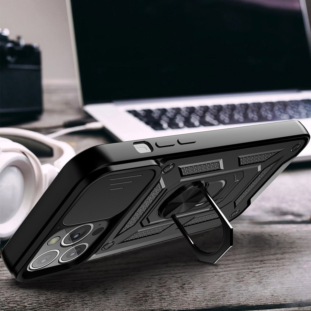 Kickstand Ring Holder & Slide Camera Cover Magnetic Car Mount For Apple Iphone 13 Pro In Black