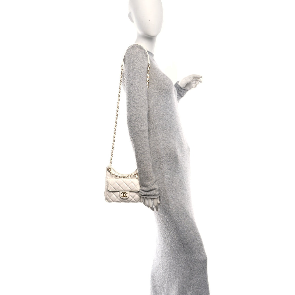 Shiny Crumpled Calfskin Quilted Small Wavy CC Hobo White