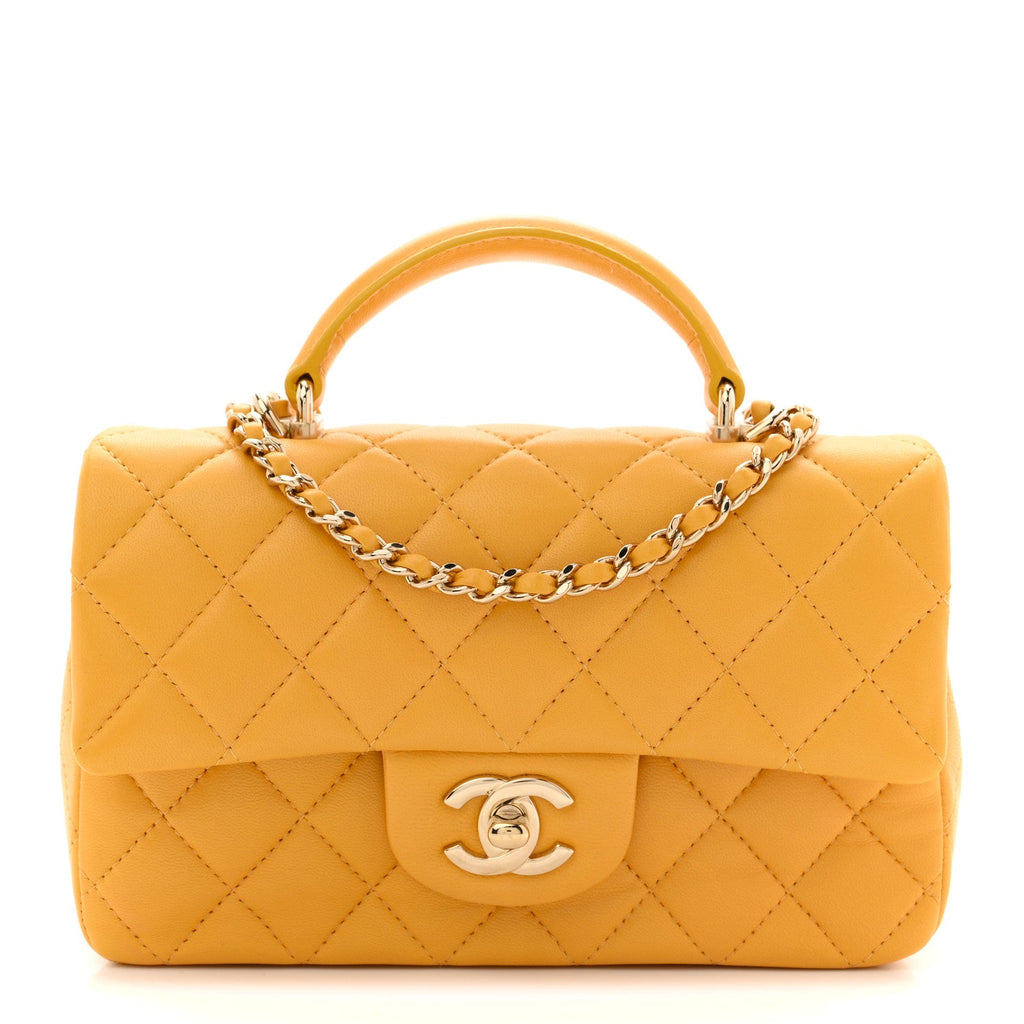 Lambskin Quilted Mini Top Handle Rectangular Flap Yellow