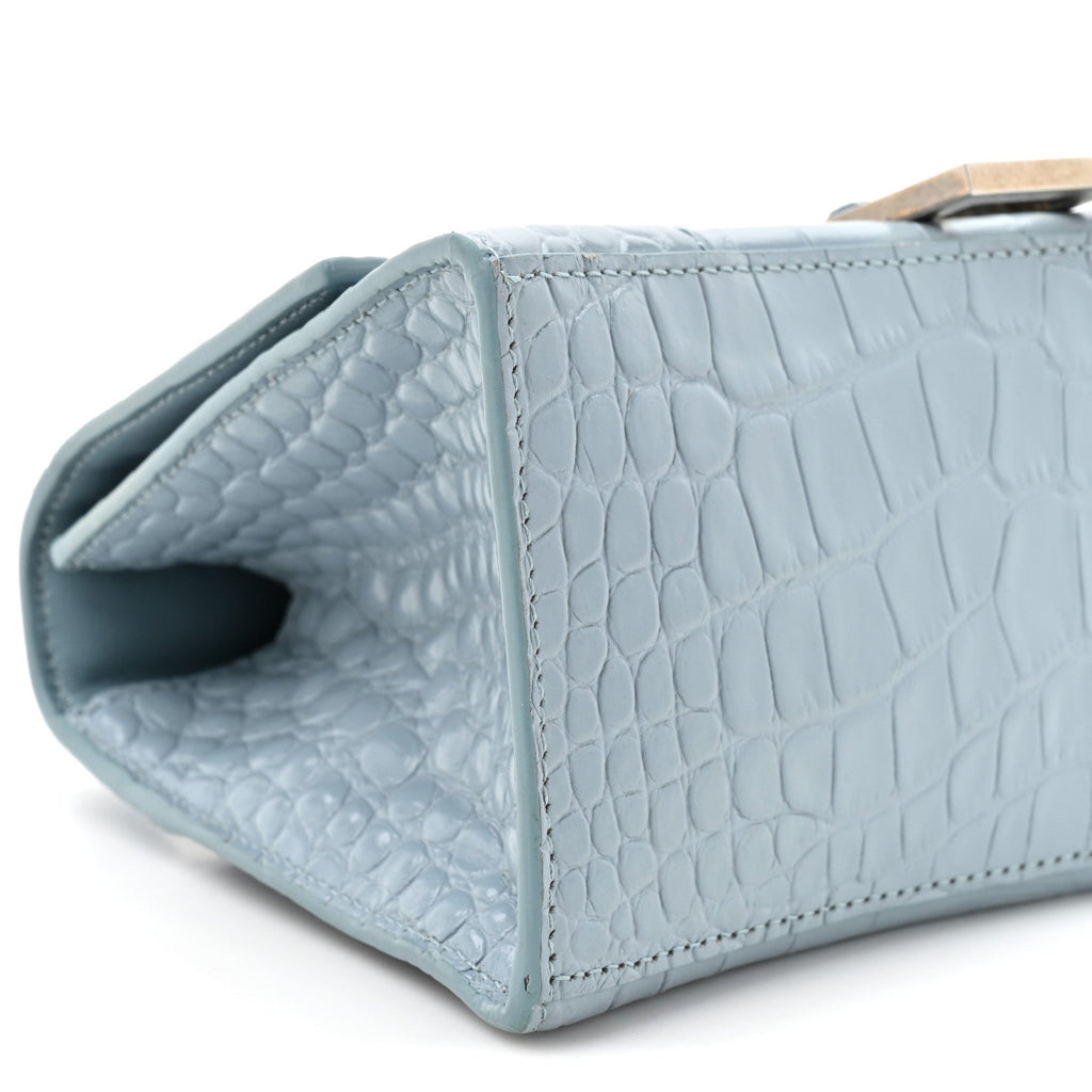 Shiny Calfskin Crocodile Embossed Small Hourglass Top Handle Bag Blue Grey