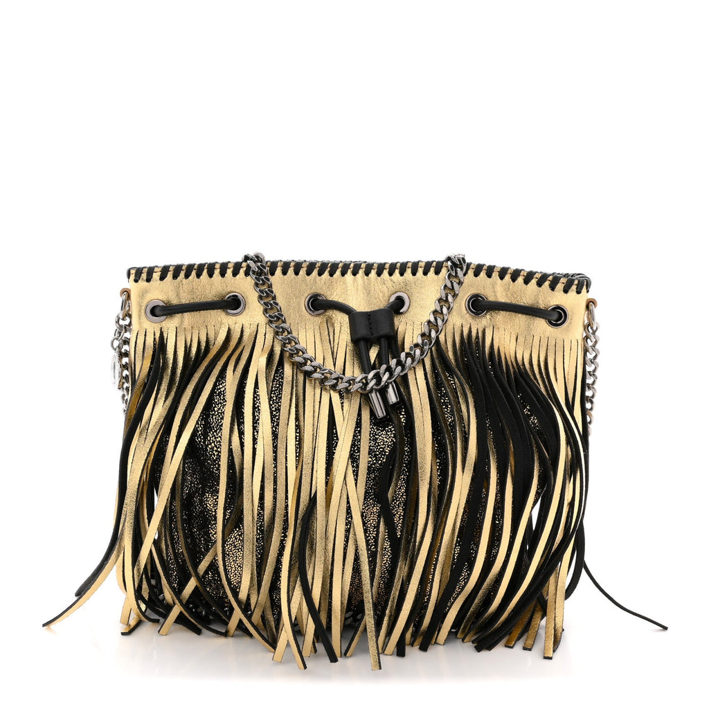 Metallic Shaggy Deer Fringe Falabella Bucket Bag Gold Black