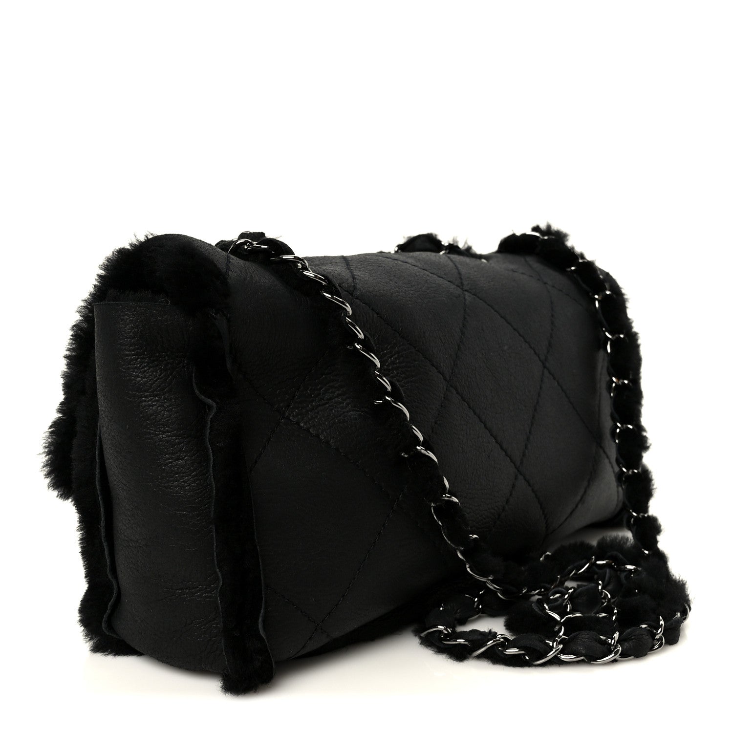 Shearling Quilted Medium Single Flap Black
