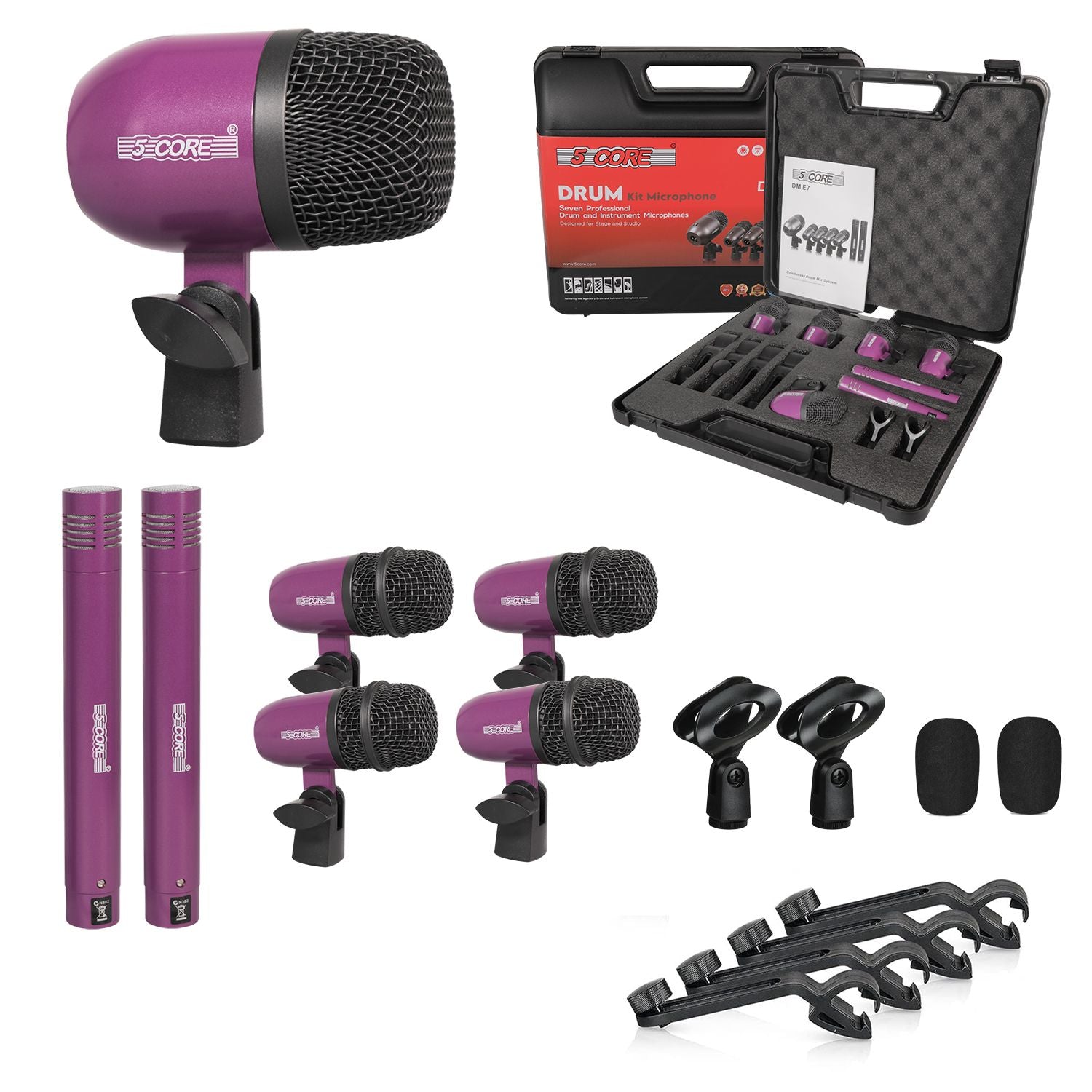 Drum Microphone Kit 7Pc All Metal Drummer Mics Tom/Snare & Cymbals Wired Instrument Drums Set