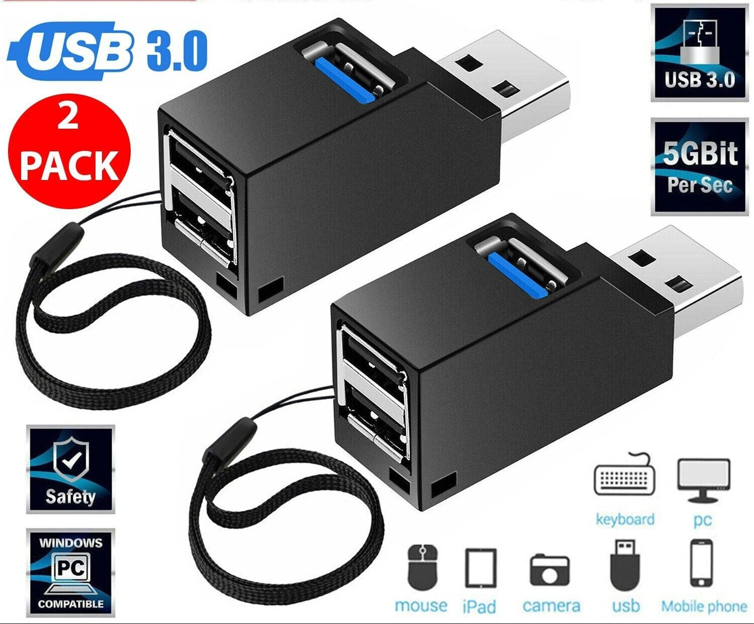 2 Pcs 3 Port USB 3.0 Hub Portable High Speed Splitter Box For PC Notebook Laptop