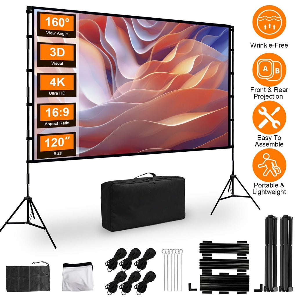 100" Portable Projector Screen with Stand, Foldable & Anti-Crease, HD 4K Movie Screen for Outdoor/Indoor Use, Home Theater, Parties & Business Presentations - Includes Carry Bag