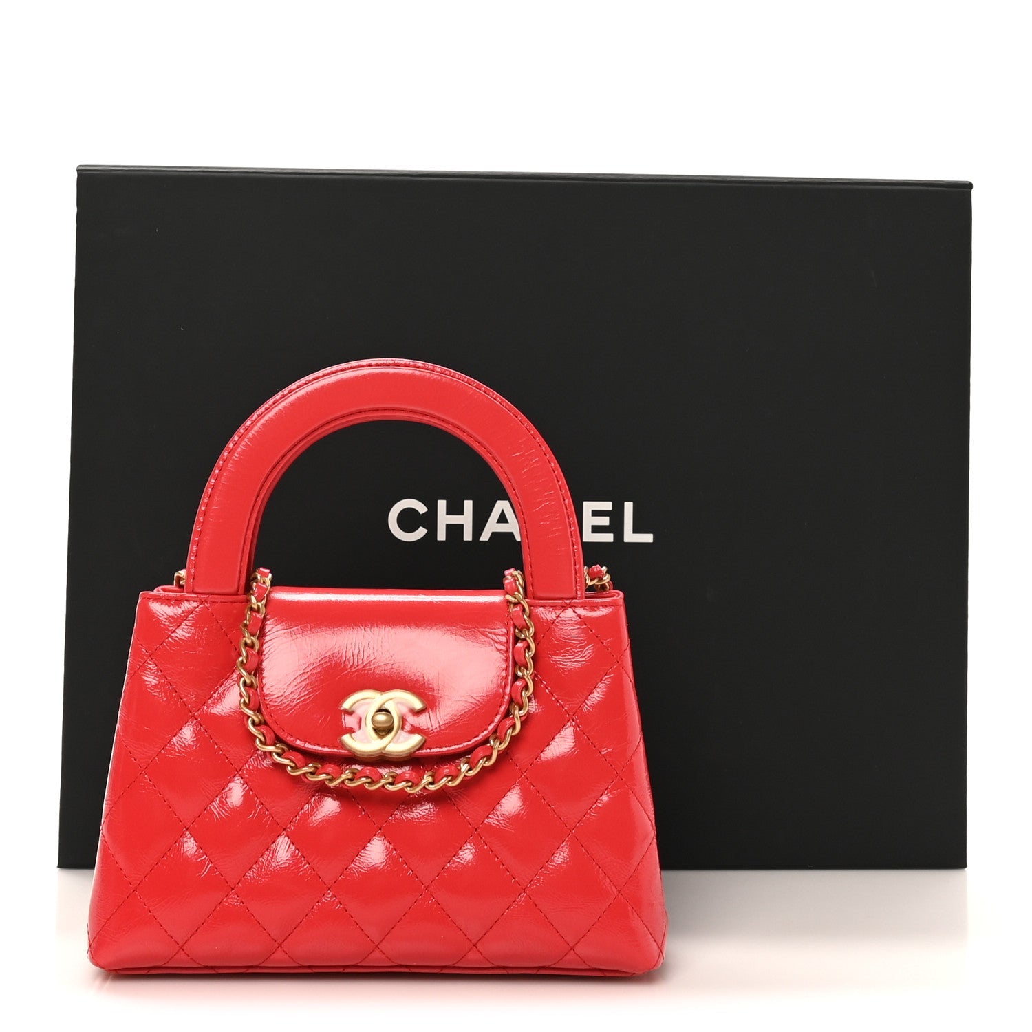 Shiny Aged Calfskin Quilted Nano Kelly Shopper Dark Red
