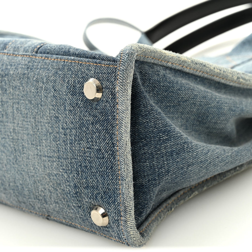 Washed Frayed Denim Logo Medium Hardware Tote Blue