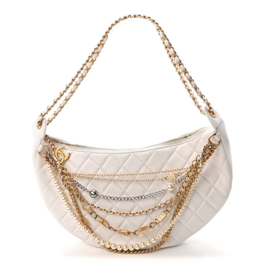 Lambskin Quilted All About Chains Hobo White