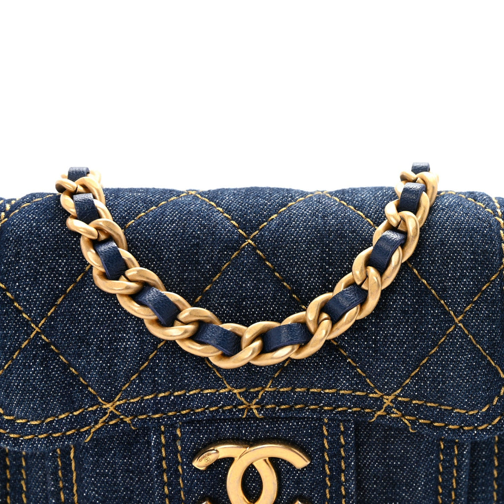 Denim Quilted Double You Card Holder On Chain Blue