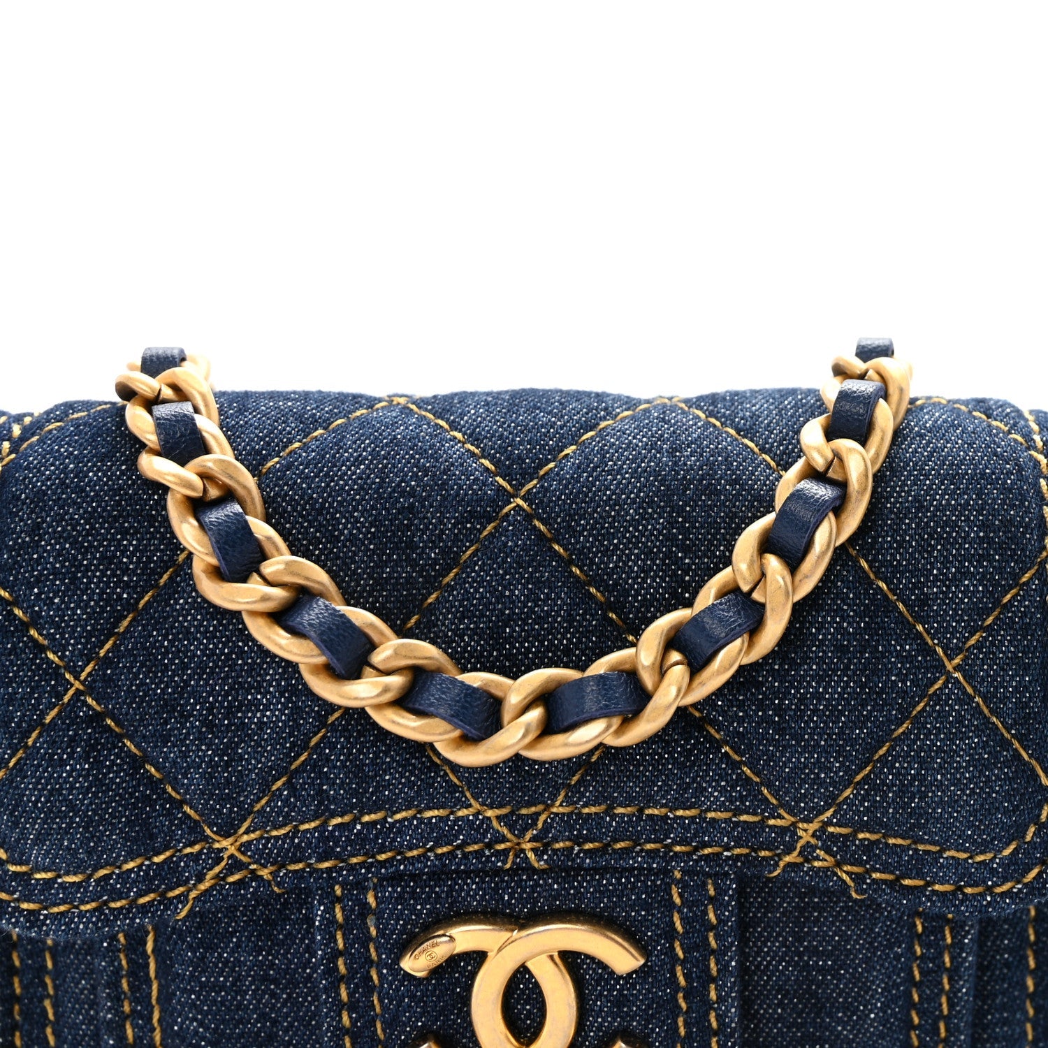 Denim Quilted Double You Card Holder On Chain Blue