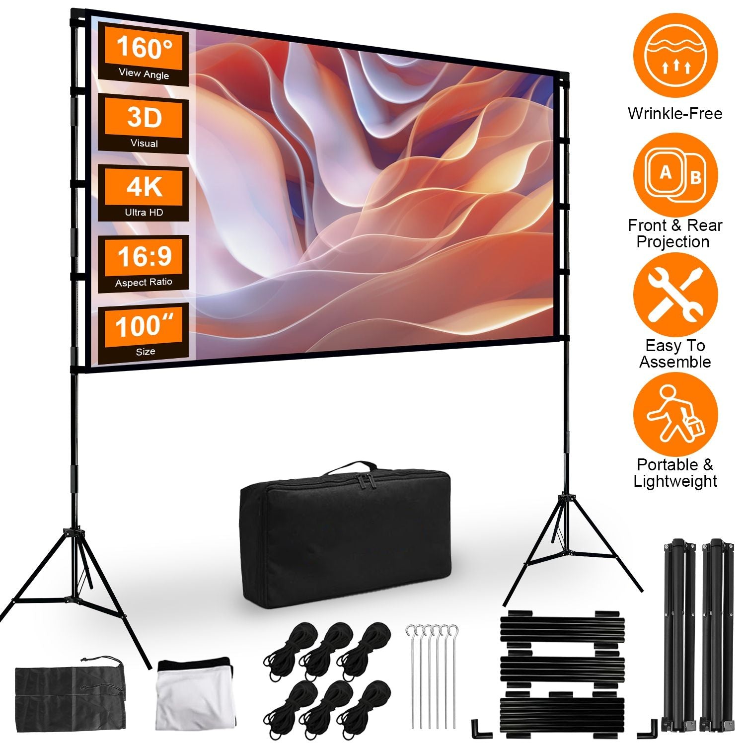 120 inch Options Projector Screen with Stand 16:9 4K HD Rear Front Wrinkle-Free Portable And Foldable Movie Screen with Carry Bag For Indoor Outdoor Home Theater Backyard Cinema