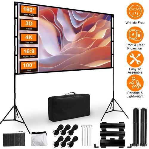 120 inch Options Projector Screen with Stand 16:9 4K HD Rear Front Wrinkle-Free Portable And Foldable Movie Screen with Carry Bag For Indoor Outdoor Home Theater Backyard Cinema