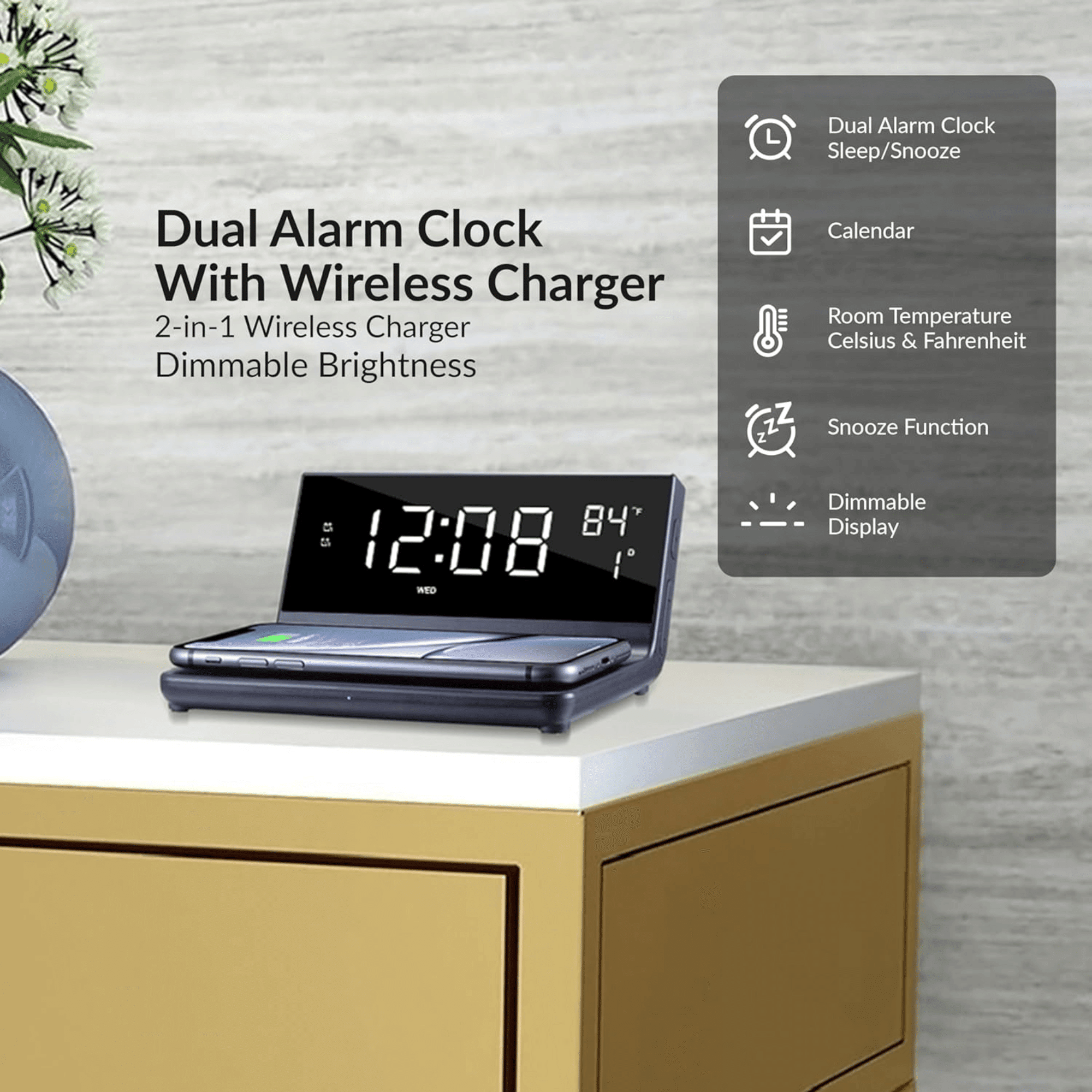 Dual Alarm Clock with 2-in-1 Wireless Charger