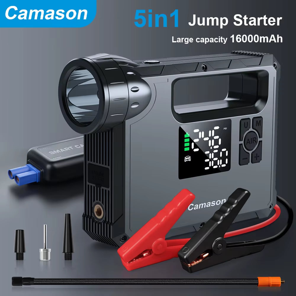 5-in-1 Portable Car Jump Starter with Air Compressor, Flashlight, Power Bank, and Battery Booster