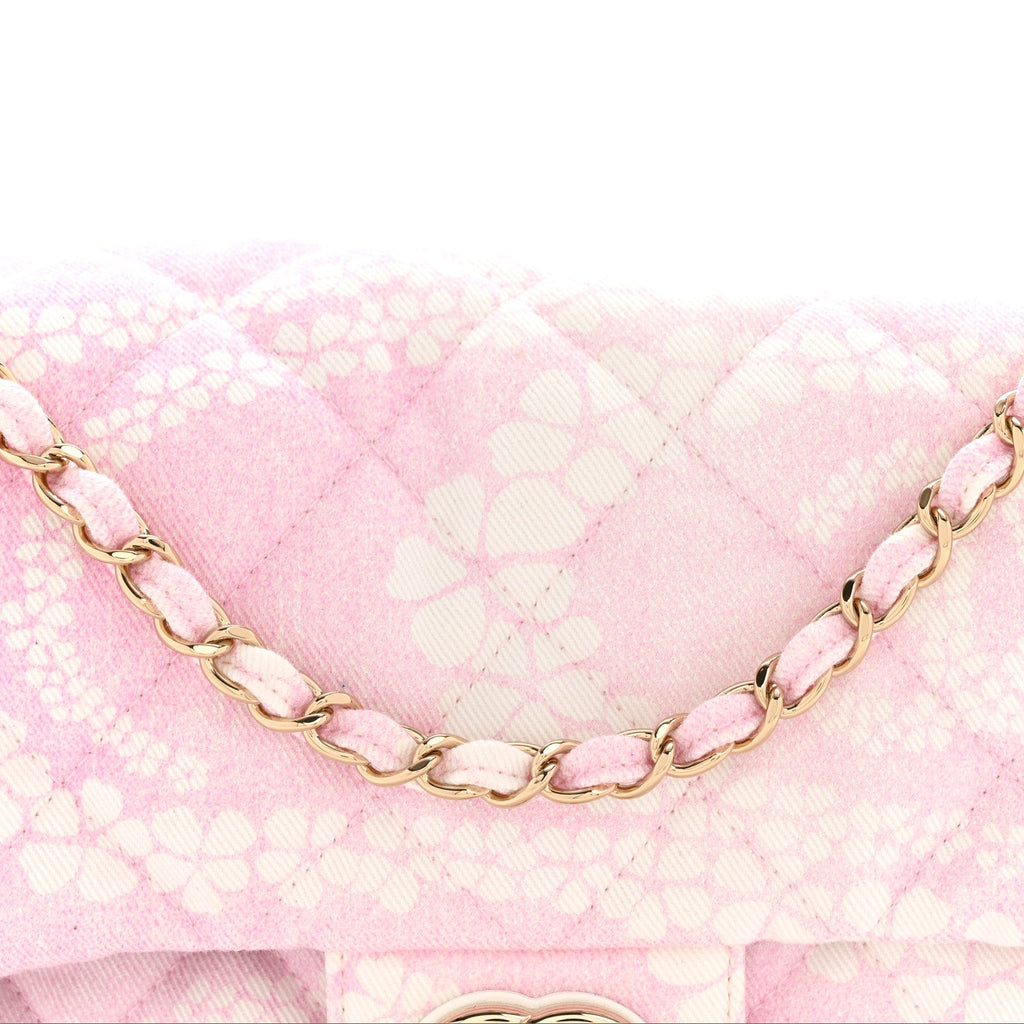 Printed Denim Quilted Medium Single Flap Bag Pink White