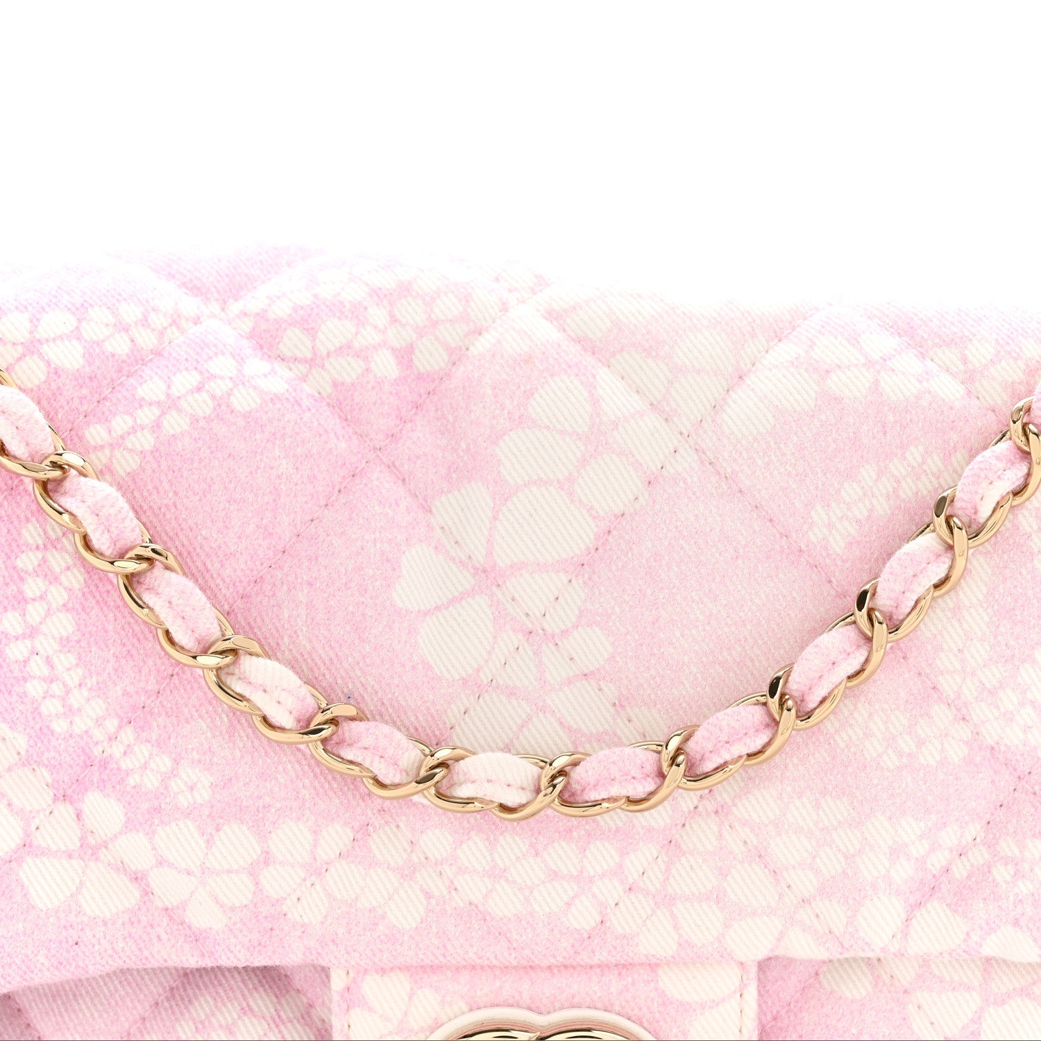 Printed Denim Quilted Medium Single Flap Bag Pink White