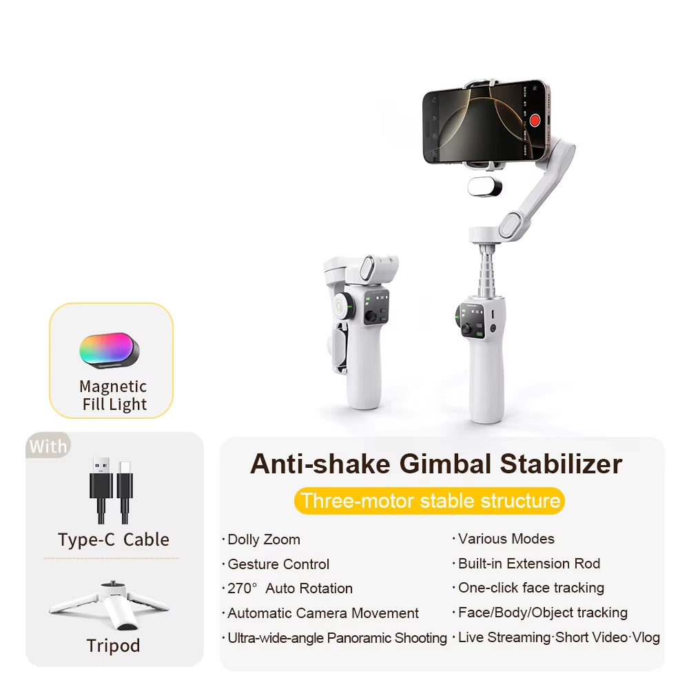 Smart V8 3-Axis Handheld Gimbal Stabilizer with Extension Rod and Tripod for Face Tracking - Compatible with iPhone, Android with Light