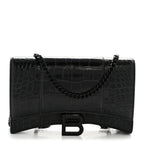 Shiny Calfskin Monochrome Crocodile Embossed Hourglass Chain Bag Black