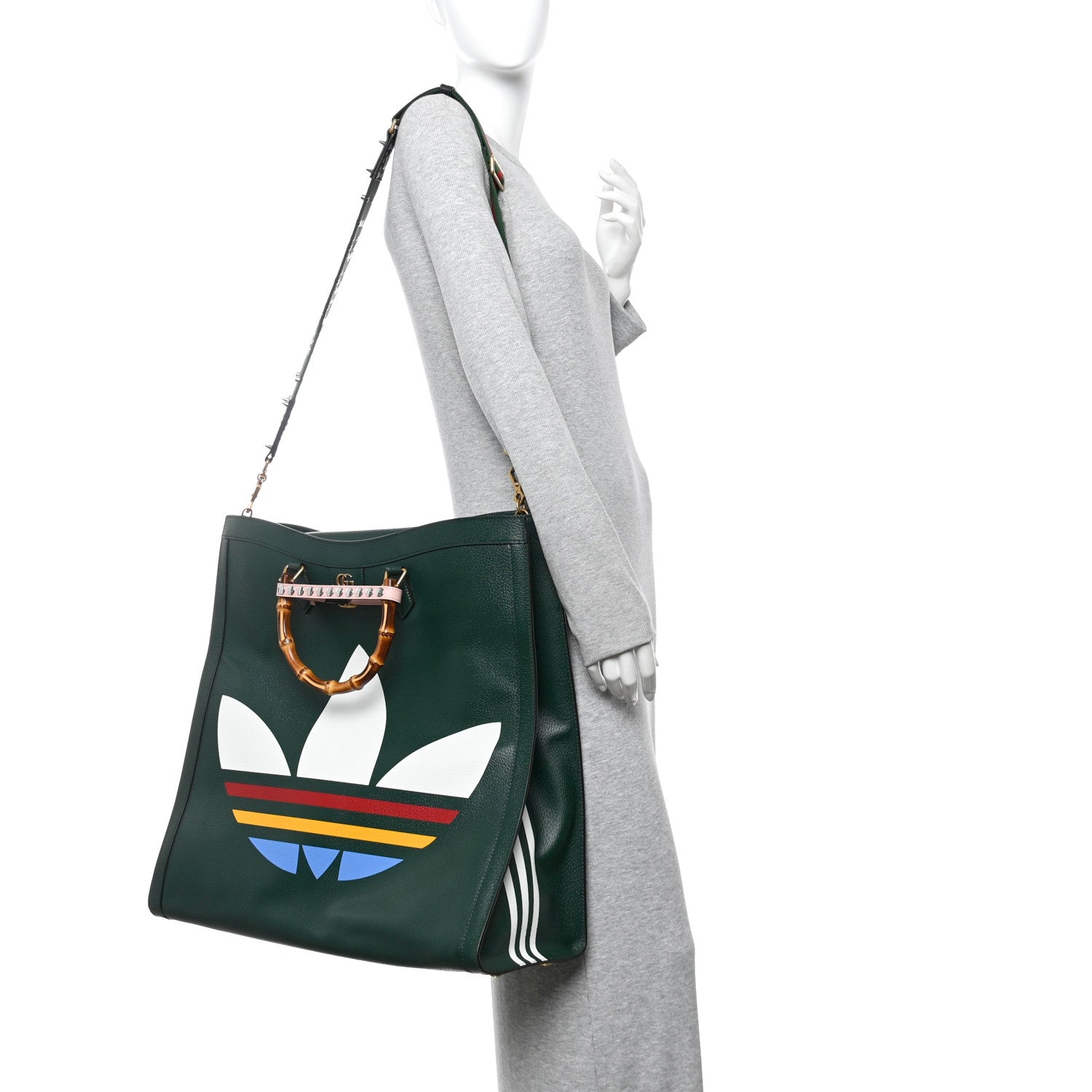 X Adidas Textured Dollar Calfskin Stripe Studded Maxi Diana Tote Bag Vintage Green Multicolor