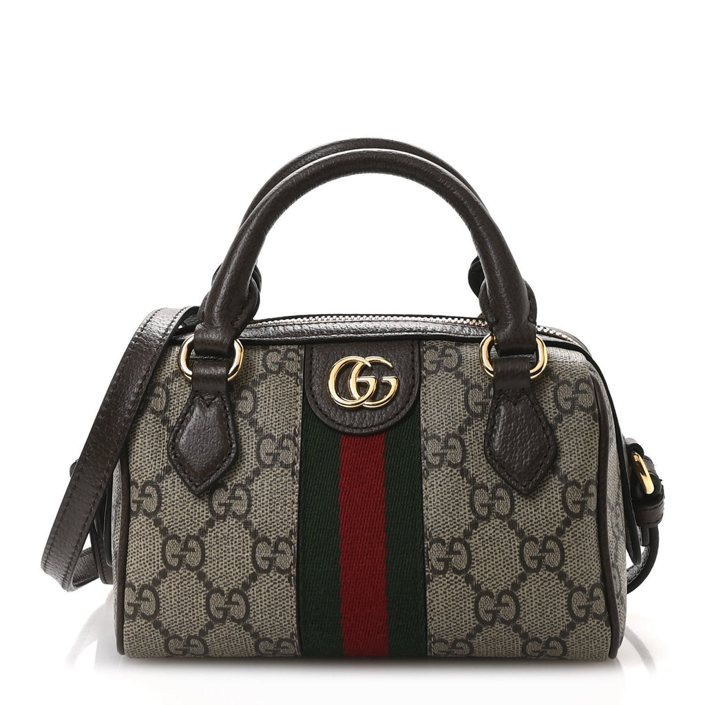 GG Supreme Monogram Textured Dollar Calfskin Web Super Mini Ophidia Top Handle Bowler Bag Beige Ebony New Acero