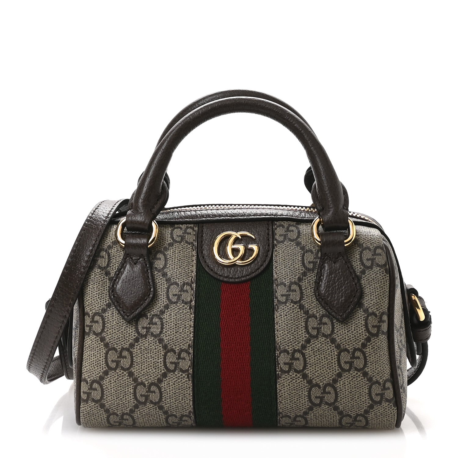 GG Supreme Monogram Textured Dollar Calfskin Web Super Mini Ophidia Top Handle Bowler Bag Beige Ebony New Acero