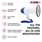 Megaphone 30W Bull Horn PA Speaker w 800 Yards Range USB Loud Siren Voice Amplifier Portable