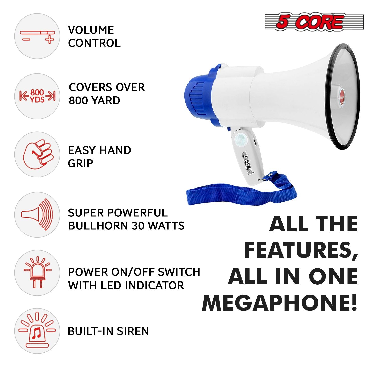 Megaphone 30W Bull Horn PA Speaker w 800 Yards Range USB Loud Siren Voice Amplifier Portable