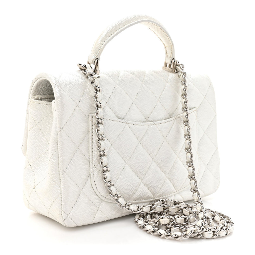 Metallic Caviar Quilted Mini Top Handle Rectangular Flap White