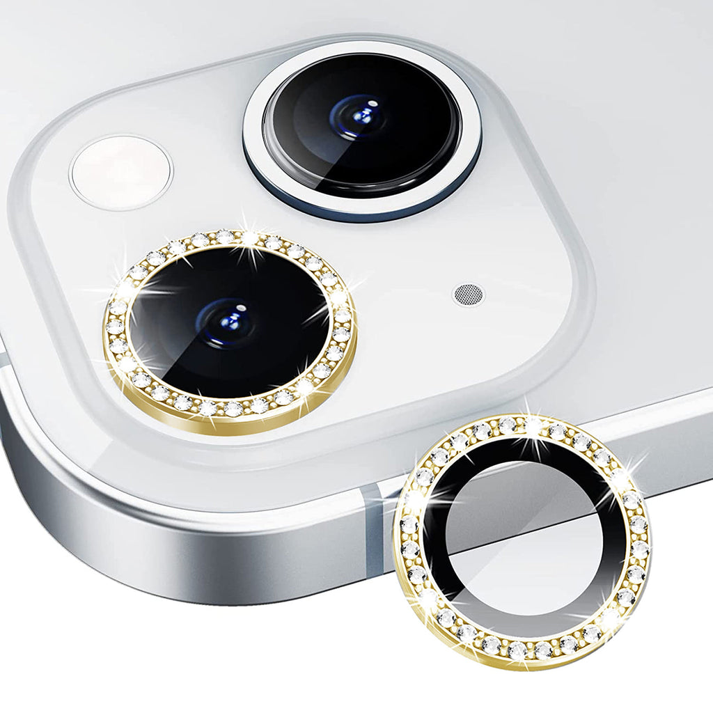 Diamond Camera Lens Protector, Diamond Tempered Glass Camera Cover Screen Protector For Iphone 14 / Iphone 14 Plus In Gold