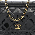 Patent Quilted Frame Clutch Flap With Chain Black