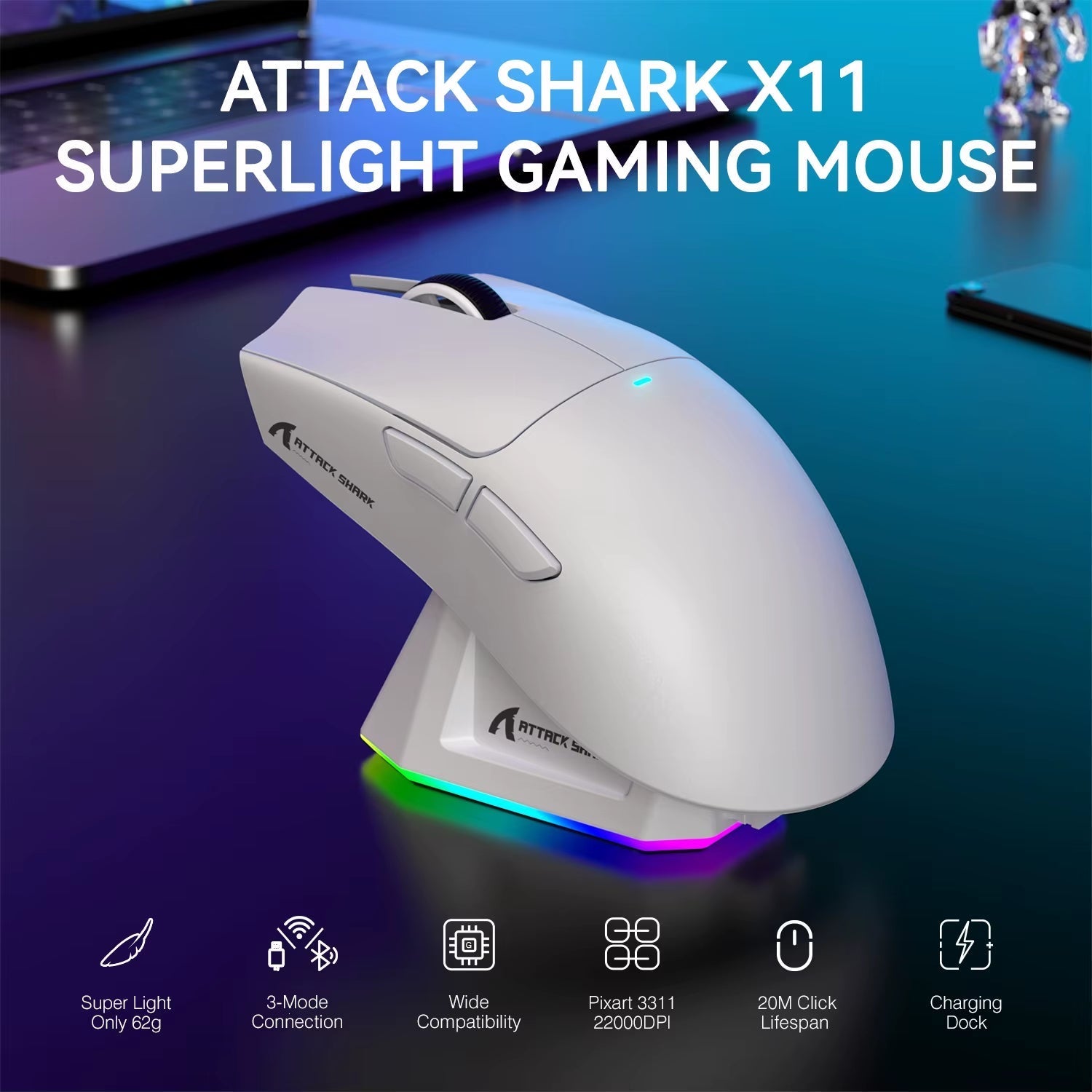 Attack Shark X11 Wireless Gaming Mouse - Lightweight Design, RGB Backlighting, Up to 22K DPI, PAW3311 Optical Sensor, HUYU Switches