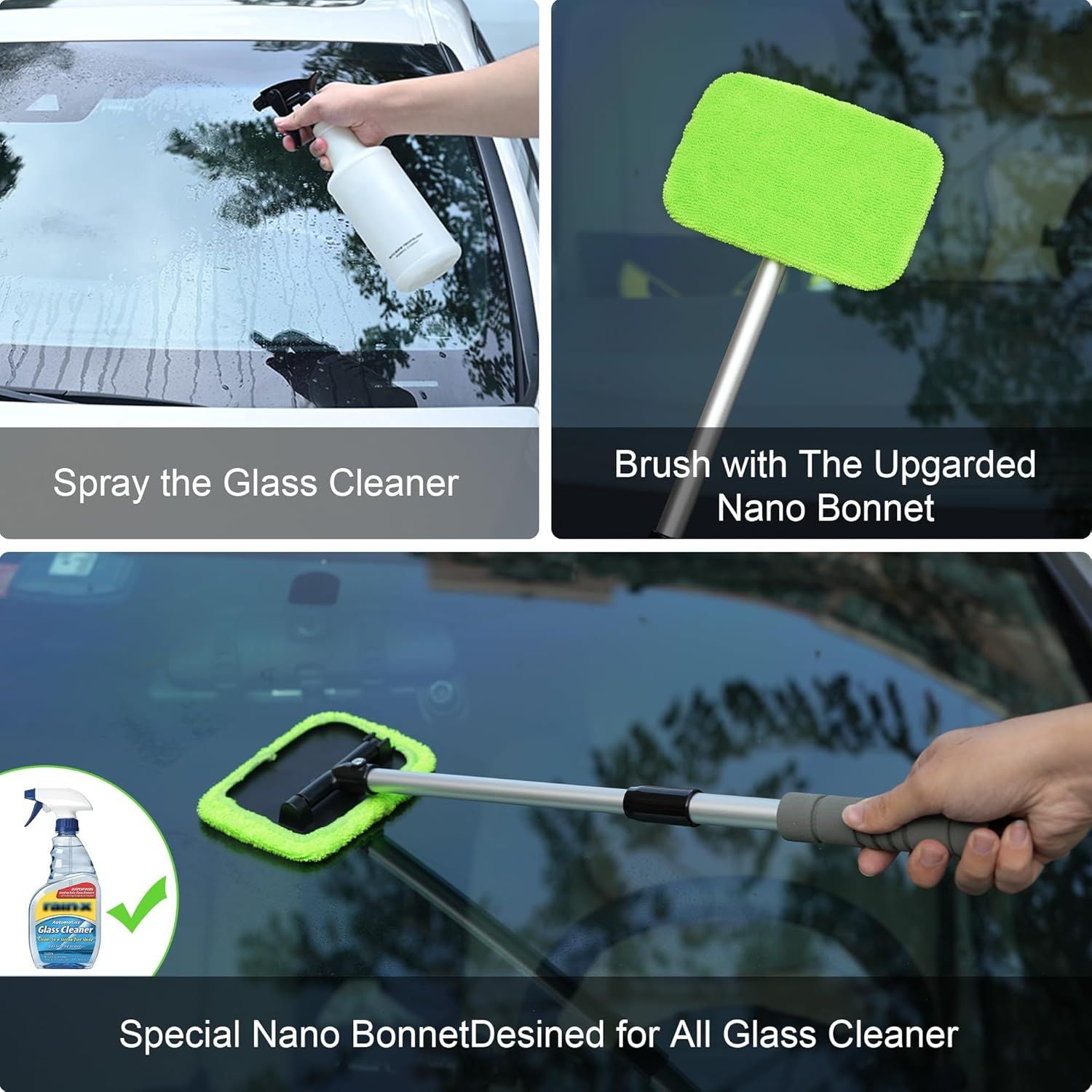 Windshield Cleaning Tool for Car – 27inch Extendable Handle Window Cleaner with Reusable Microfiber Pads, Streak-Free Interior & Exterior Auto Glass Cleaner (Green)