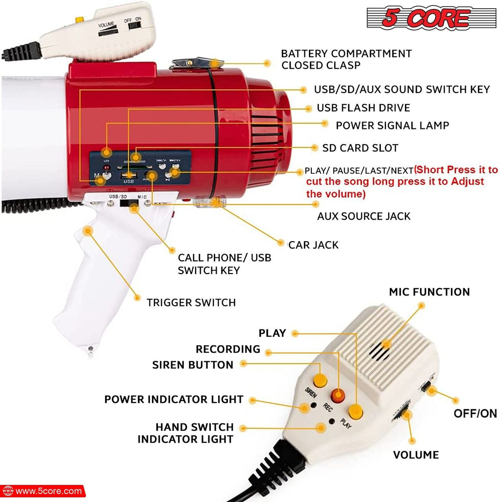 5 Core Megaphone 60W Bull Horn Professional PA Speaker w 1200 Yards Range Loud Siren Voice Amp -77SF