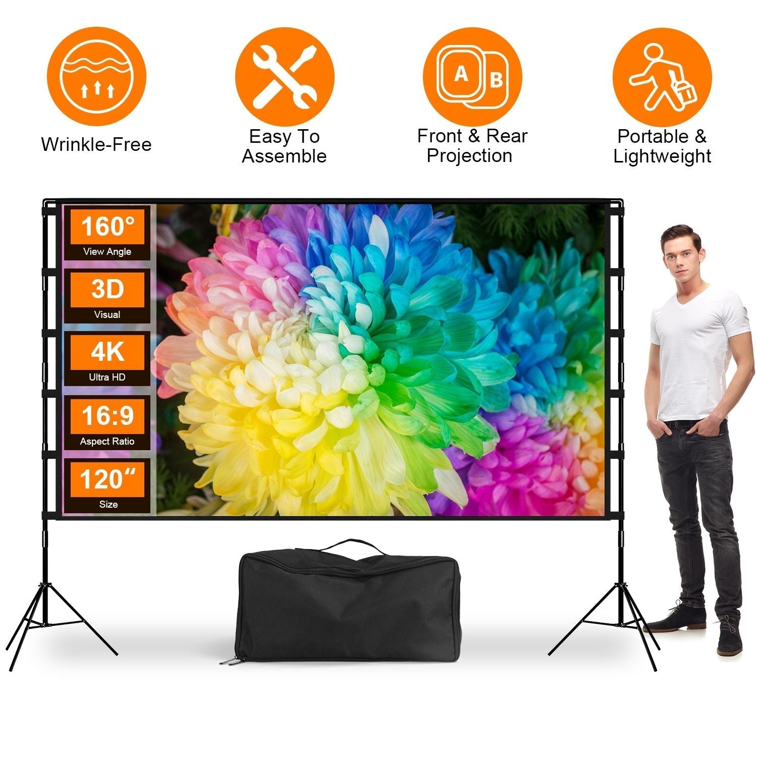 120 inch Options Projector Screen with Stand 16:9 4K HD Rear Front Wrinkle-Free Portable And Foldable Movie Screen with Carry Bag For Indoor Outdoor Home Theater Backyard Cinema