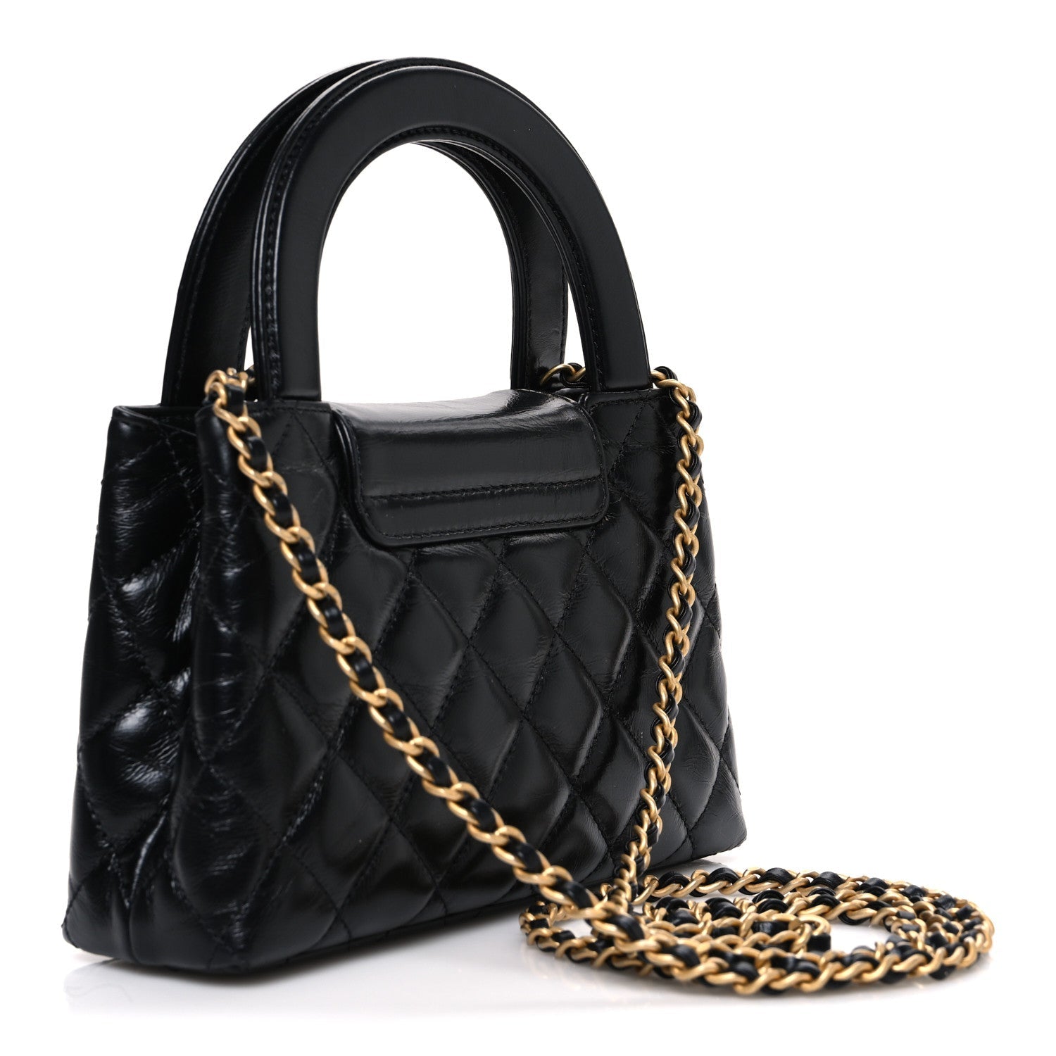 Shiny Aged Calfskin Quilted Nano Kelly Shopper Black