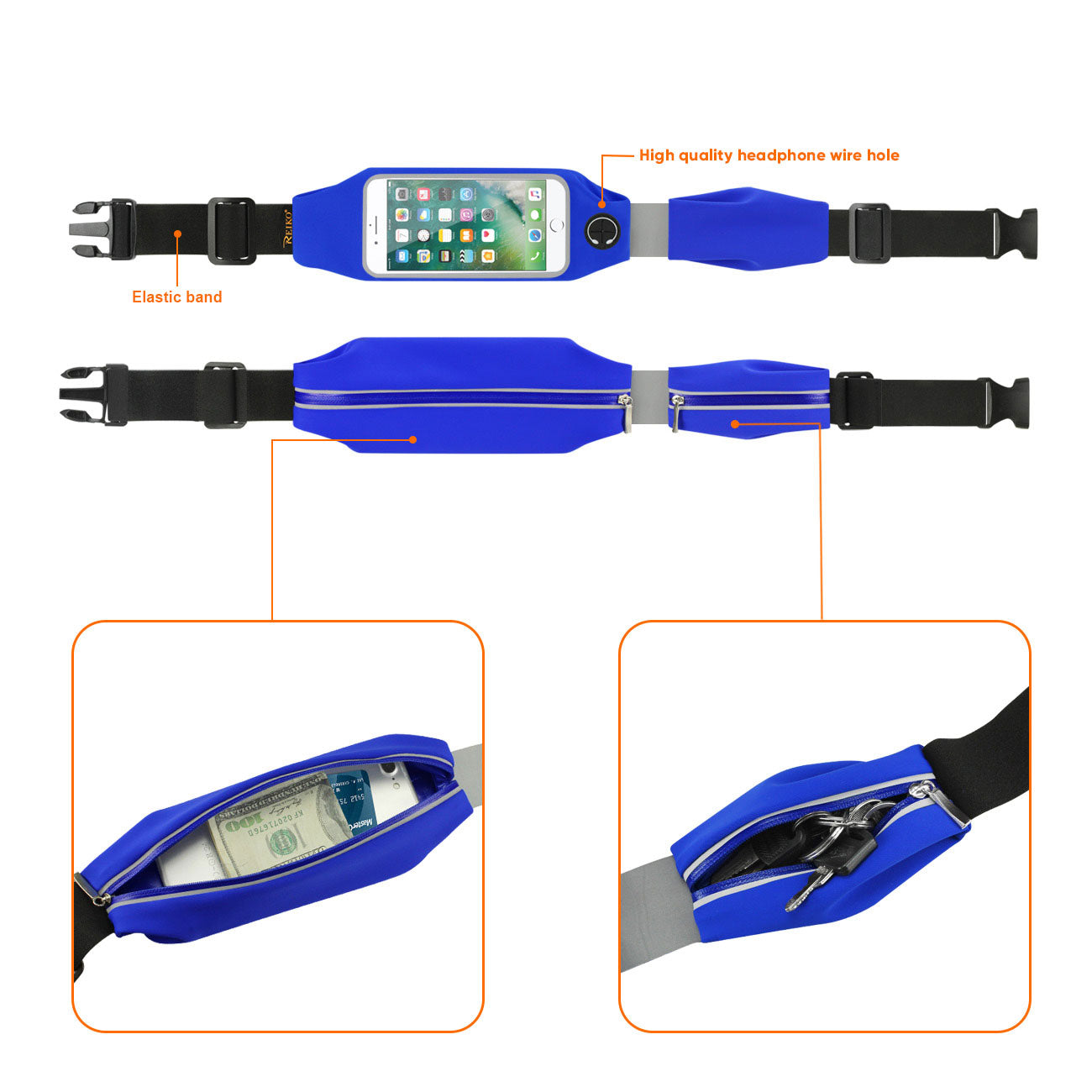Reiko Running Sport Belt For Iphone 7 Plus/ 6S Plus Or 5.5 Inches Device With Two Pockets And Led In Blue (5.5X5.5 Inches)