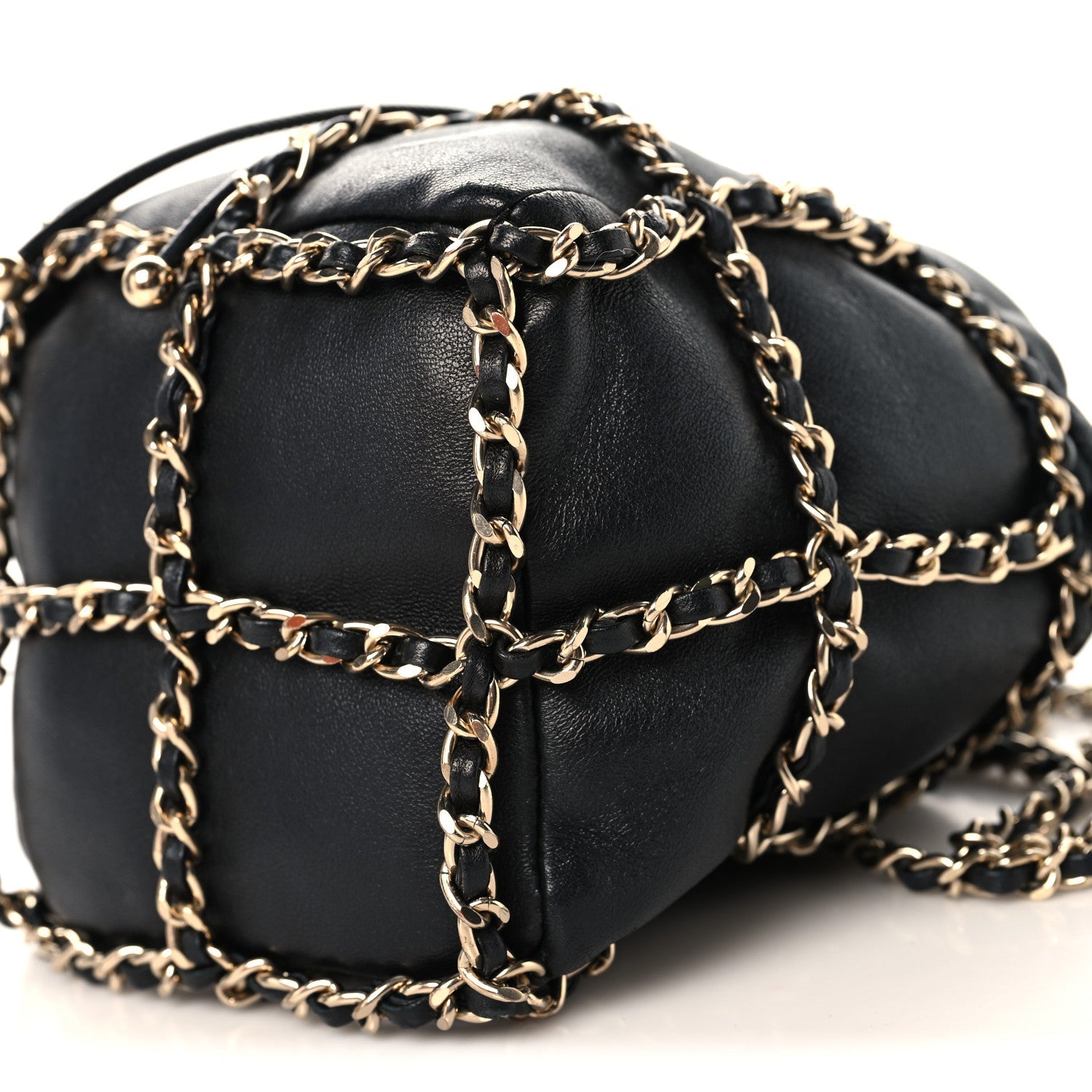 Lambskin Bucket Chain Drawstring Bag Black