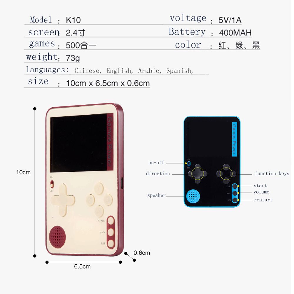 K10 Mini Portable Video Game Console Game Player Built-in 500 Classic Games Console Game Player Built-in 500 Classic Games _-Normal