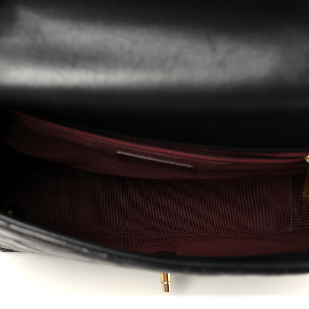 Glazed Calfskin Quilted Large Gold Bar Top Handle Flap Black