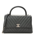 Metallic Caviar Chevron Quilted Small Coco Handle Flap Dark Silver
