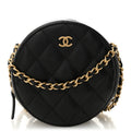 Lambskin Quilted Round Clutch With Chain Black